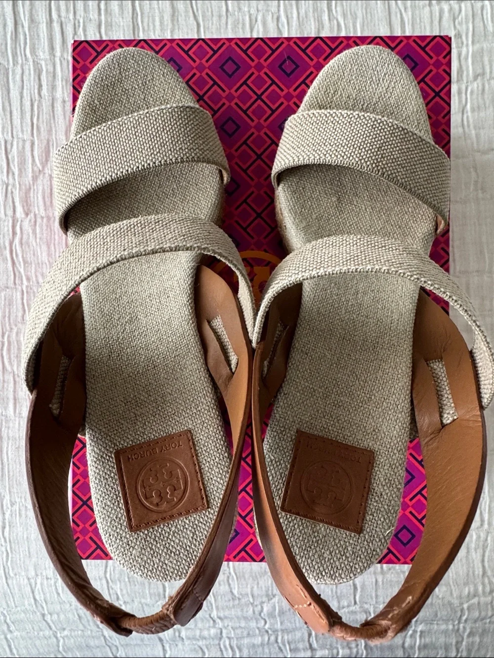 Tory Burch 120MM 2 Band Wedge Slingback Sandal - Gold/Natural/Tan, Size 8.5